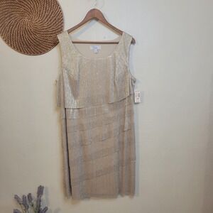 Dress‎ Barn Shift Dress Tiered Metallic Gold Shimmer 14